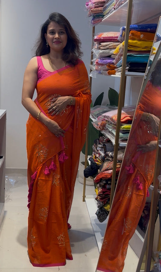 (Pre order) Orange with pink lotus sequence work 120 count pure mul Cotton With Long Tassels Saree(MUL10)