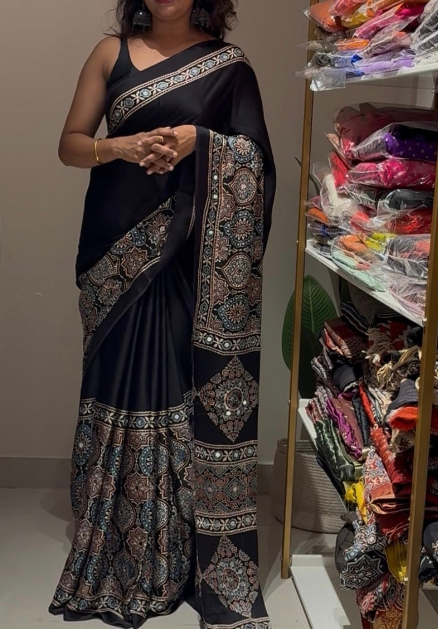 Real mirror glued black Ajrakh pure Modal Silk saree