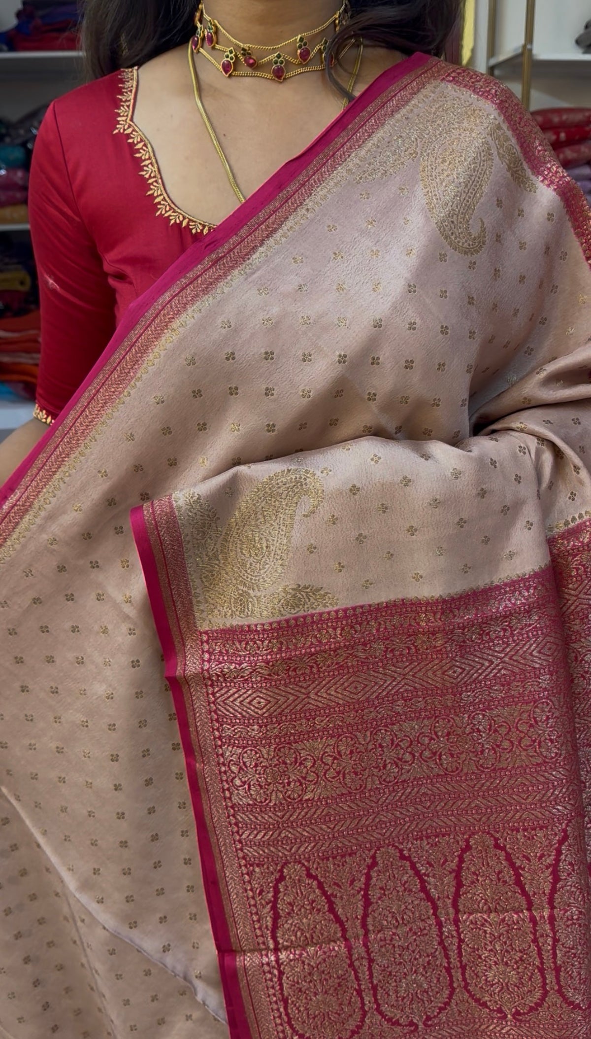 Small border Pure Crepe chiffon konia design banarasi saree chikoo with pink (SBSGCC66)