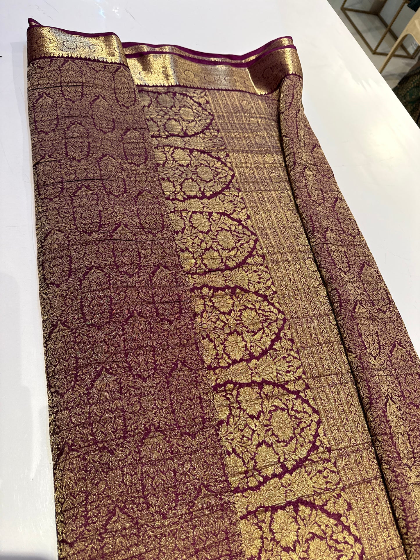 Plum Wine premium wrinkle Chinnon brocade saree (SSW3950)(wine brocade)