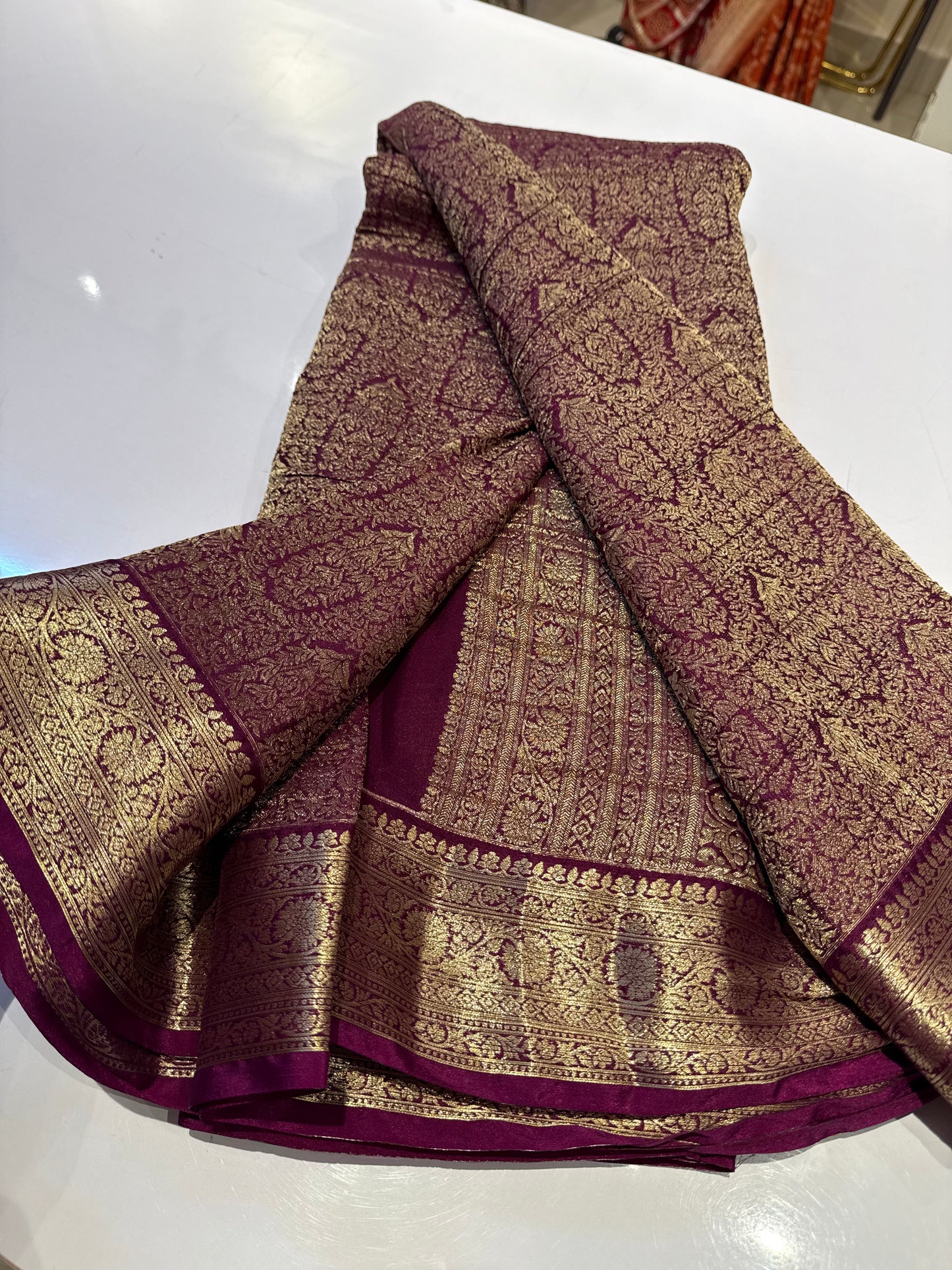 Plum Wine premium wrinkle Chinnon brocade saree (SSW3950)(wine brocade)