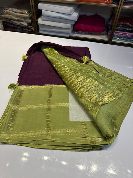(Pre-Order) Wine with pista green Pure modal silk saree