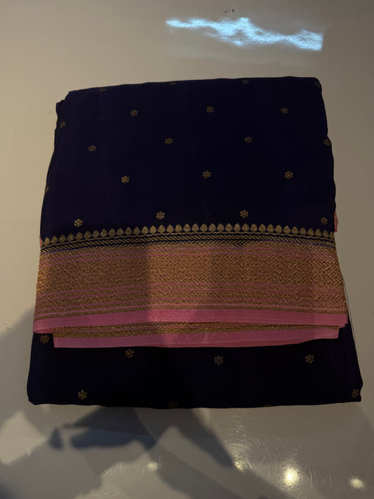 Blue with baby pink pure crepe Banarasi saree