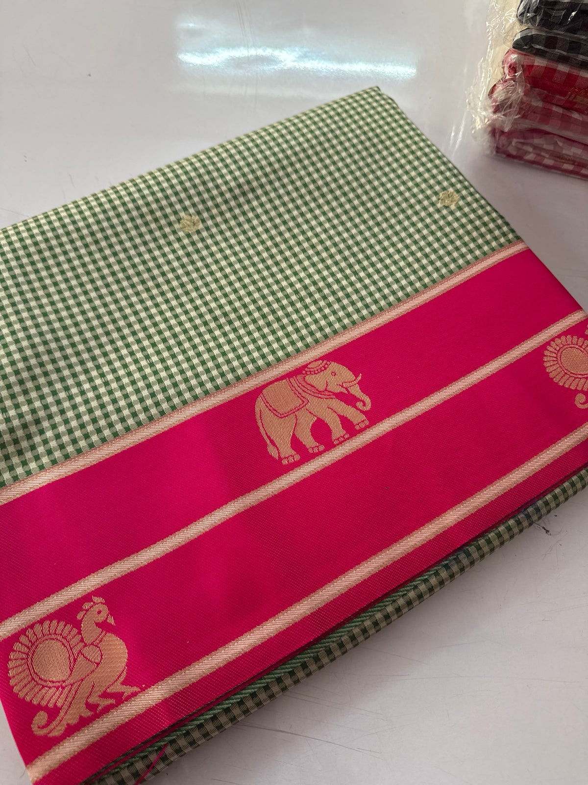Green with pink Vintage soft semi silk checks saree(SBSGVC11)