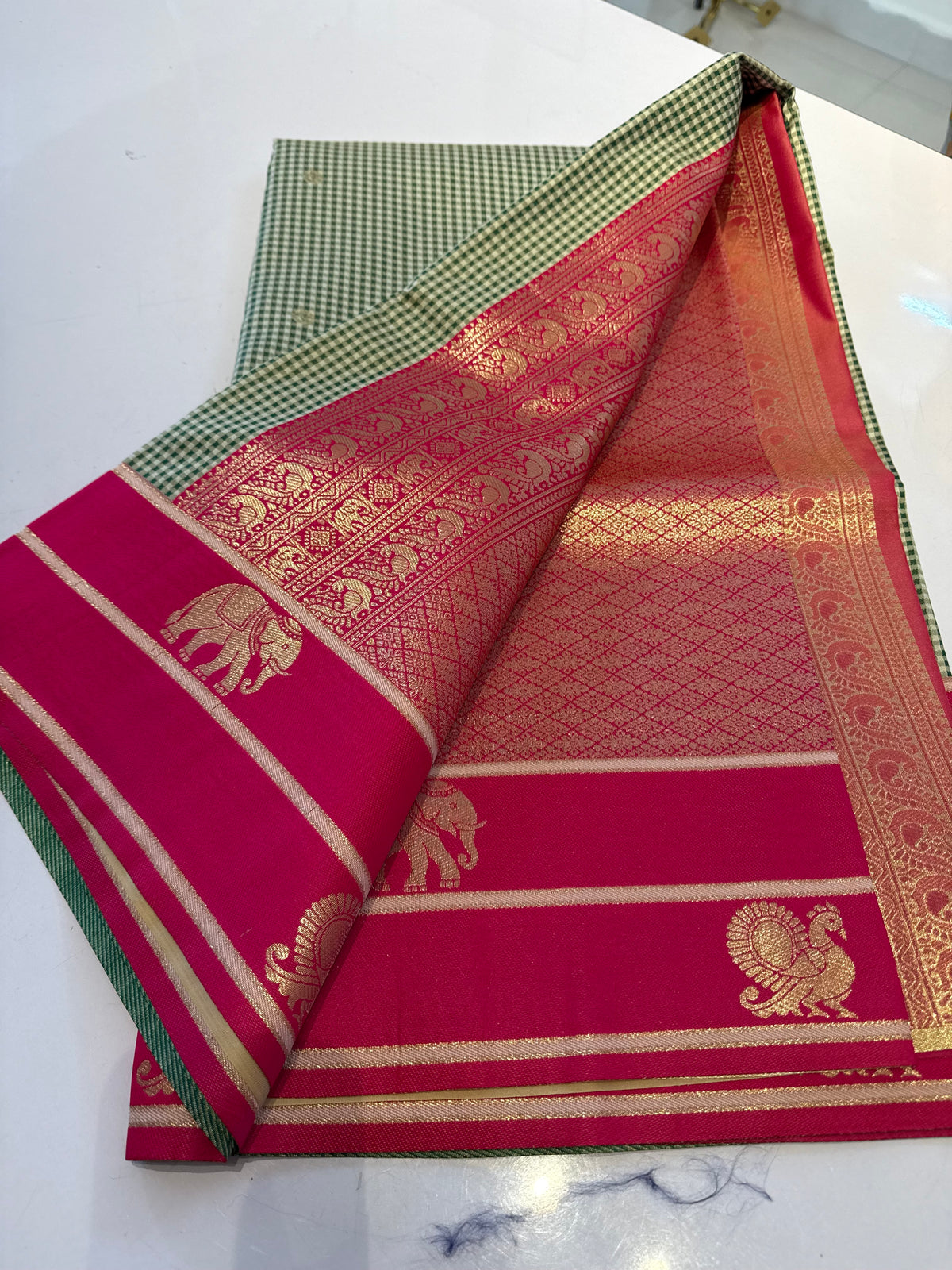 Green with pink Vintage soft semi silk checks saree(SBSGVC11)