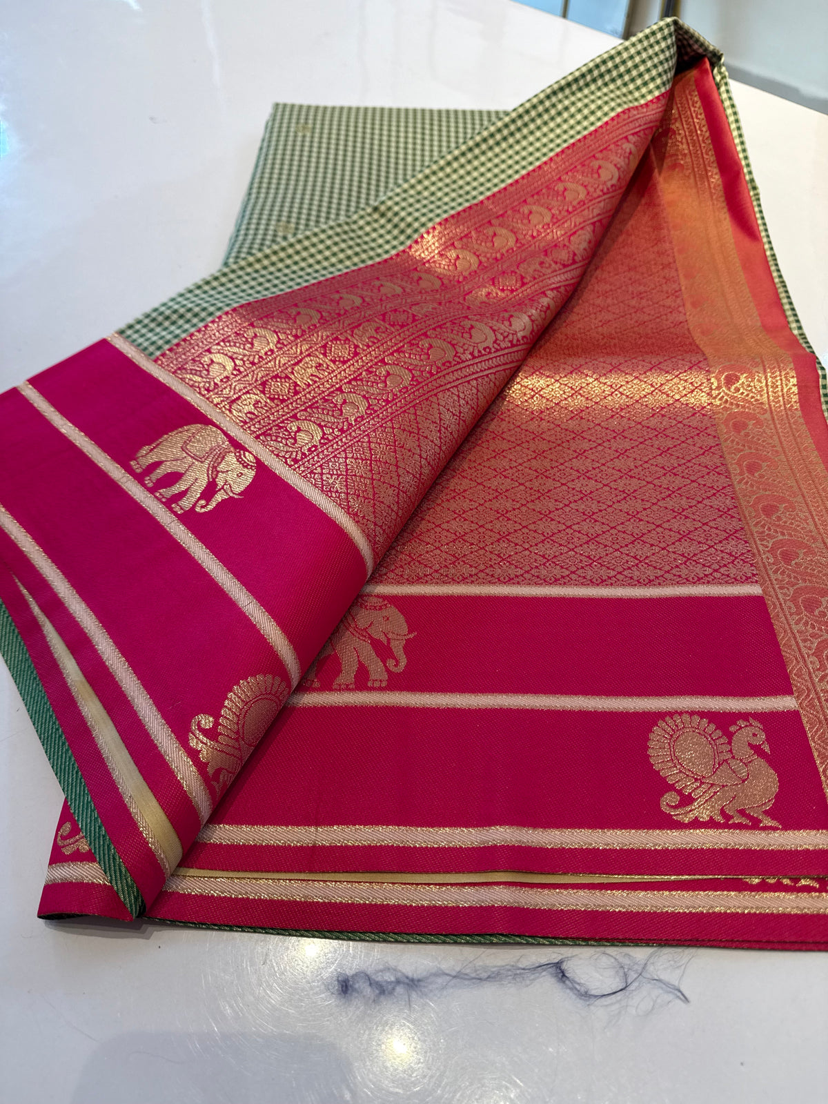 Green with pink Vintage soft semi silk checks saree(SBSGVC11)