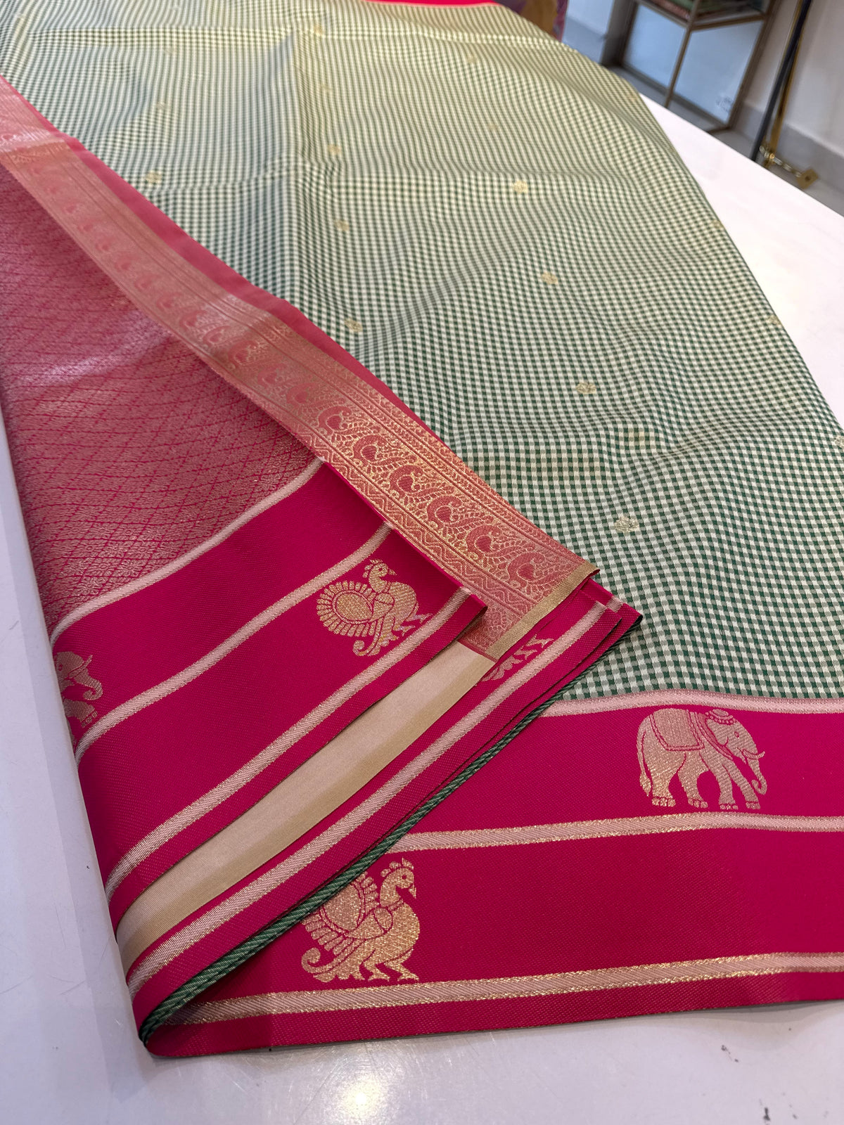 Green with pink Vintage soft semi silk checks saree(SBSGVC11)