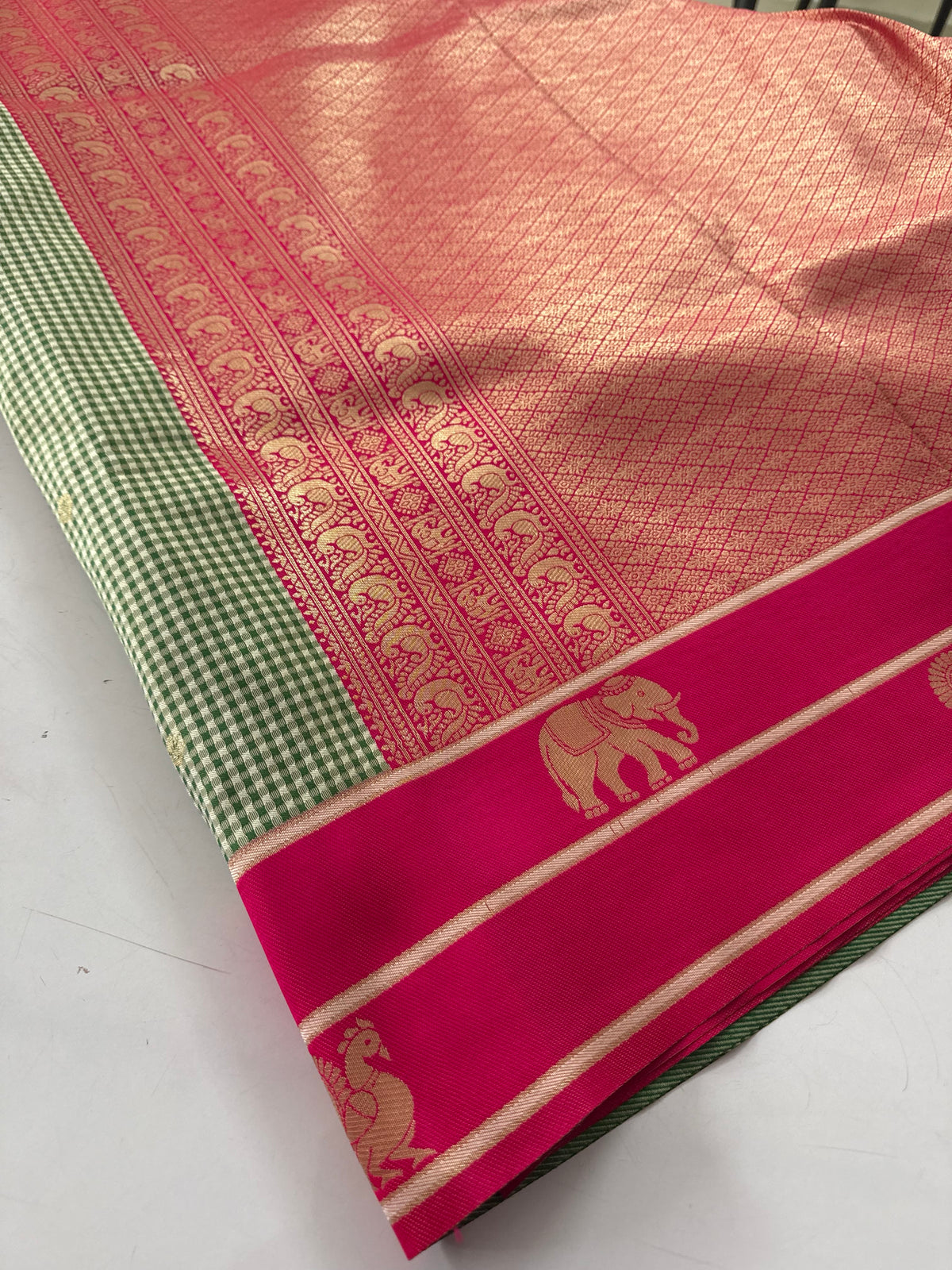 Green with pink Vintage soft semi silk checks saree(SBSGVC11)