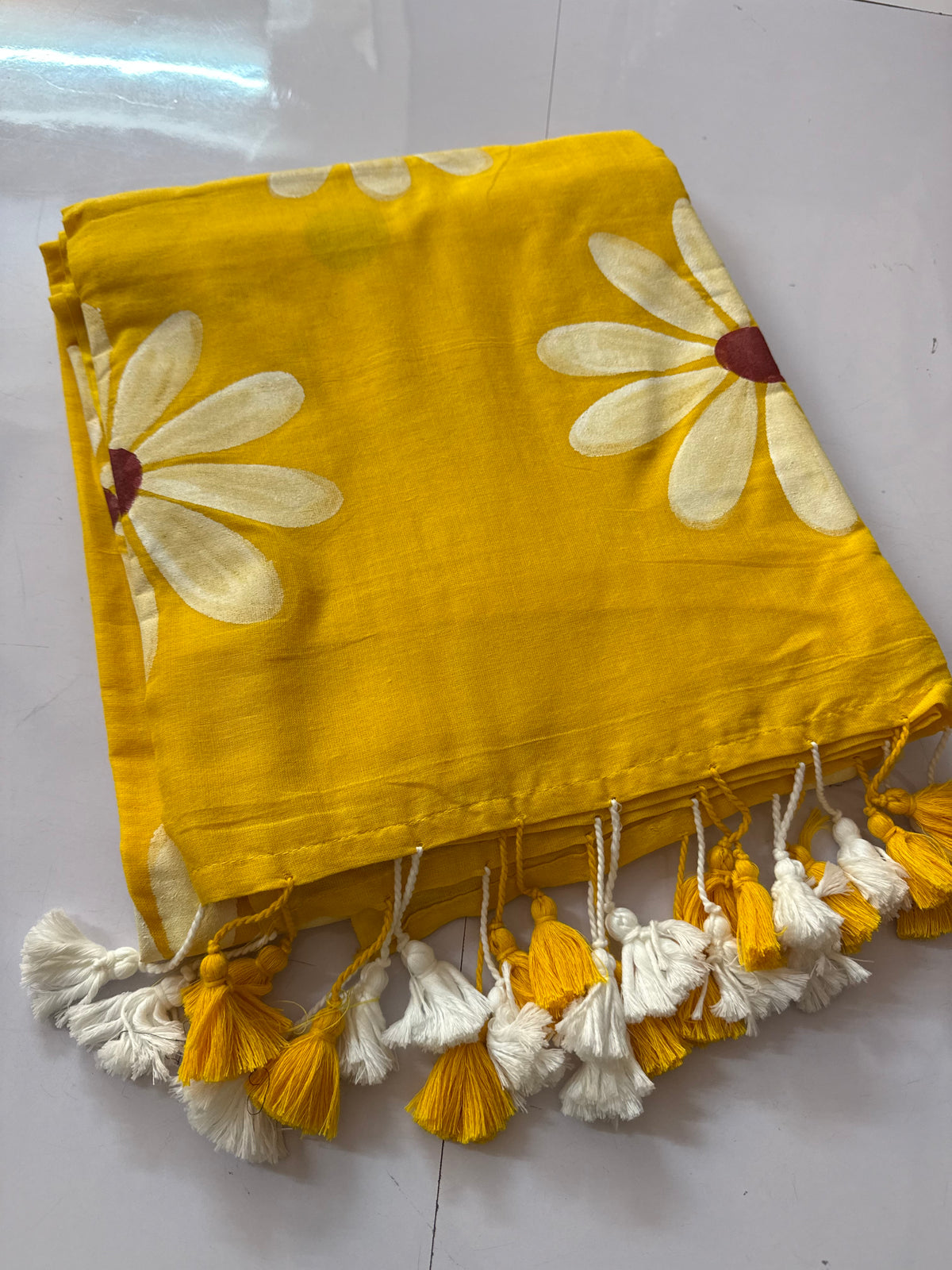 Yellow hand painted cotton saree