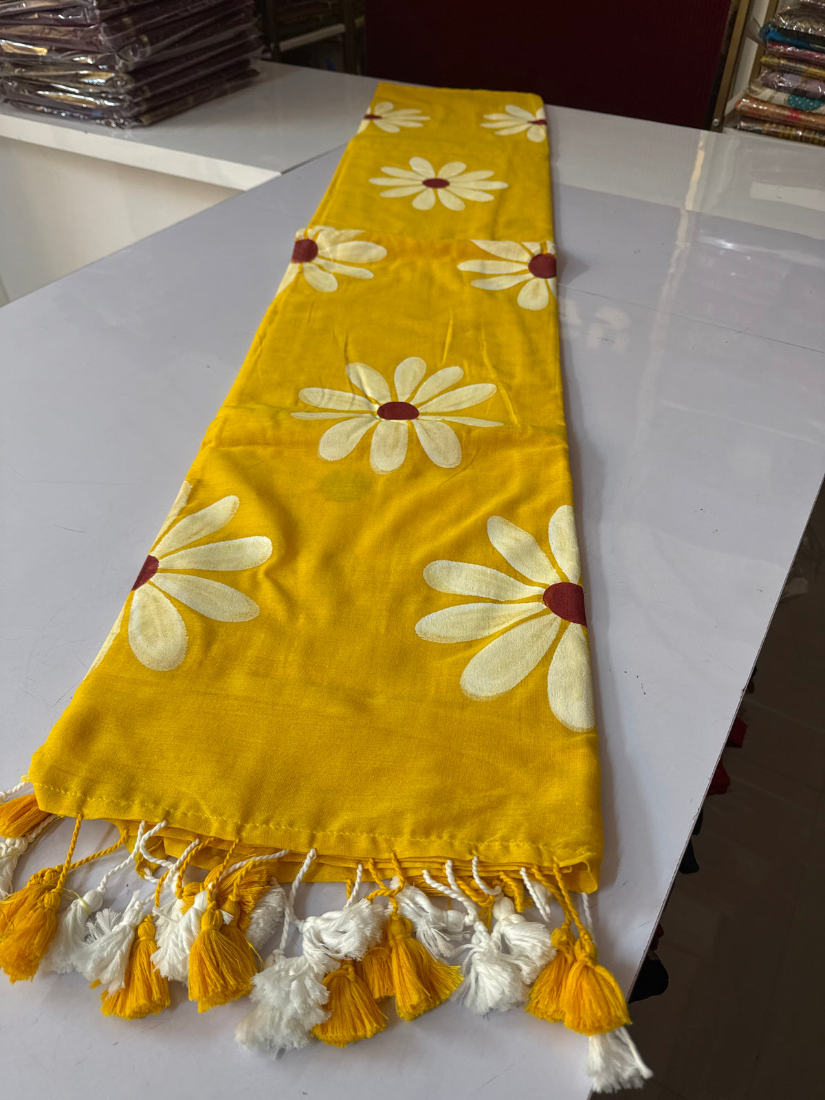 Yellow hand painted cotton saree