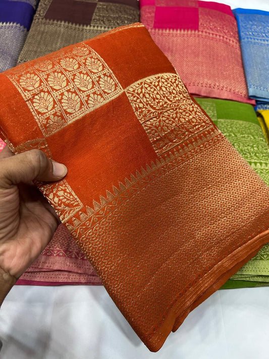 Orange georgette crushed zari saree