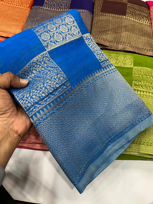 Blue georgette crushed zari saree